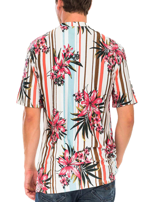 Men's floral striped tee back view with pink blossoms and vertical stripe pattern