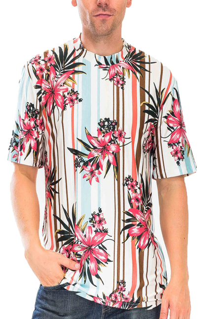 Men's floral striped short-sleeve tee with pink and red blossoms on light blue stripes