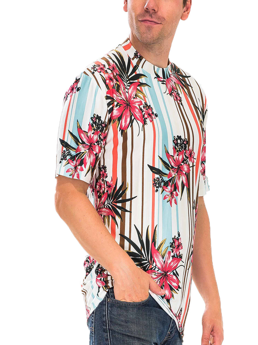 Men's floral striped tee in white with red, black, and light blue vertical lines