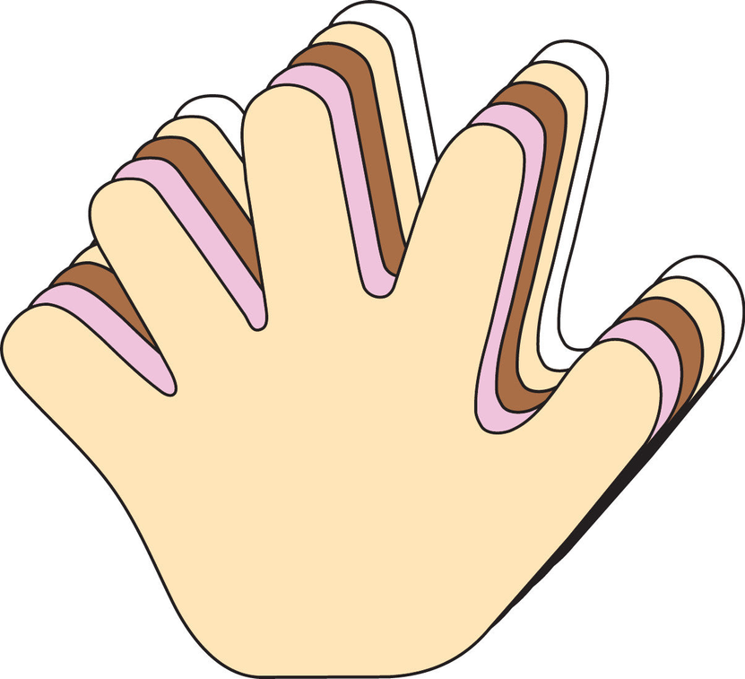 Foam hand cut-out with multicolored cutout stripes on fingers