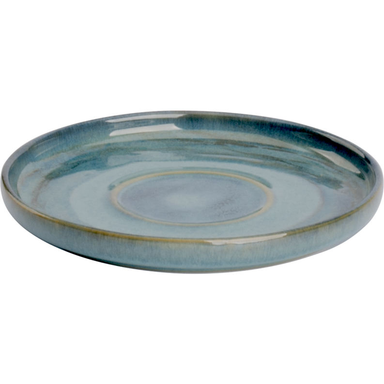 Round ceramic saucer with blue glazed finish, gold ring at center and rim