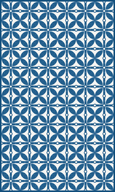 Blue geometric vinyl floor covering rug with repeating lattice pattern, 2 ft x 3 ft