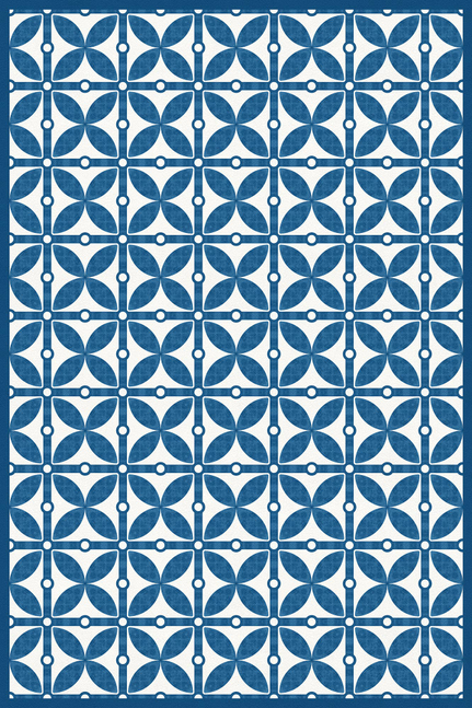 Blue geometric vinyl floor covering rug with repeating tile-like medallion pattern