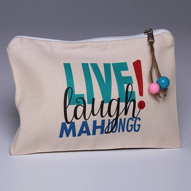 Cream canvas pouch with zipper, 'Live Laugh Mah Jongg' print and beaded charm