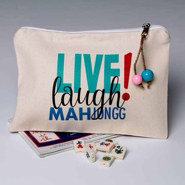 Cream canvas pouch with zipper and 'Live Laugh Mah Jongg' print, beaded charm with tiles