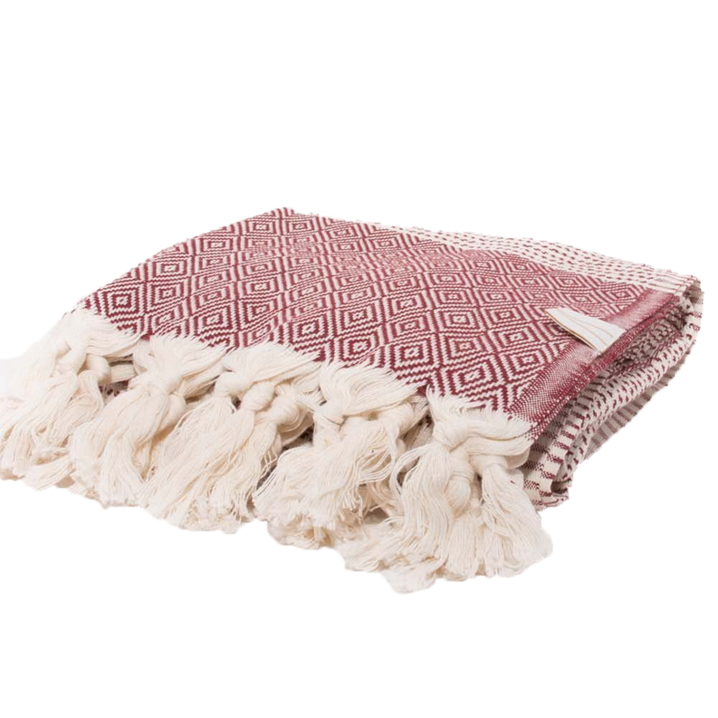 MEDI HAVLU towel, bordeaux geometric pattern with cream fringed border