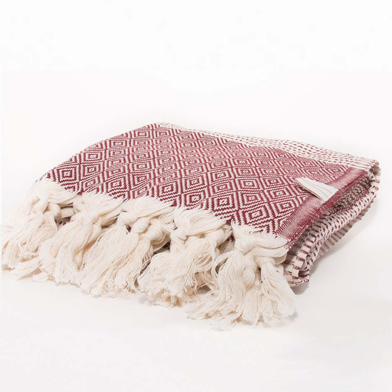 MEDI HAVLU towel, bordeaux geometric weave with cream tassel fringe
