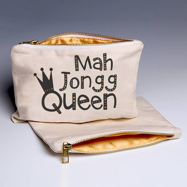 Cream canvas zip pouch with Mah Jongg Queen text and crown graphic