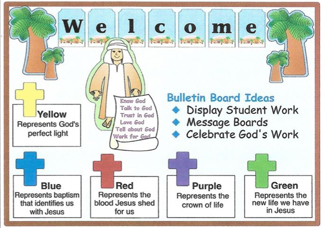 Bulletin board with multiple colored cross cutouts and a central white angel figure