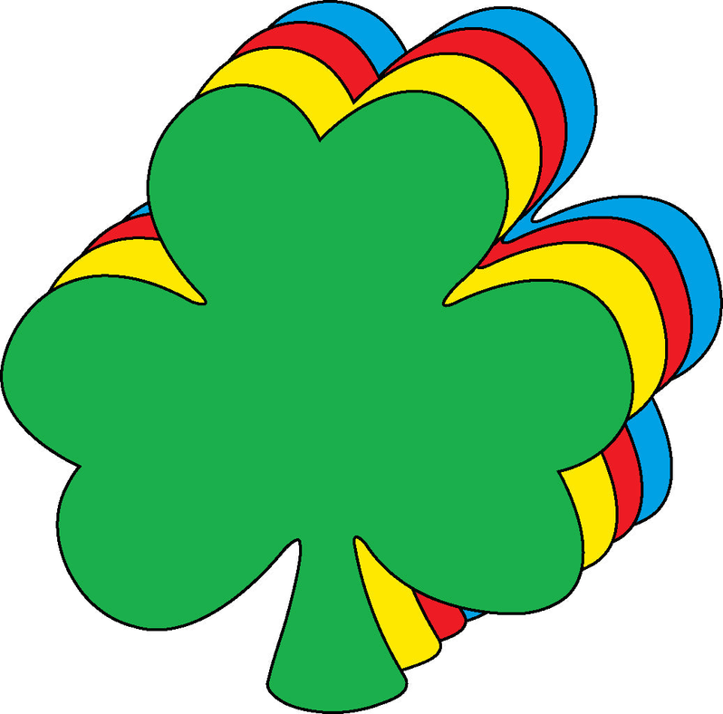 Green shamrock craft cut-out with layered rainbow outlines behind it.