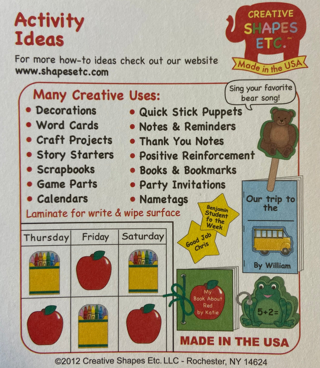 Shamrock cut-out packaging card with “Activity Ideas” and “Made in the USA” text.