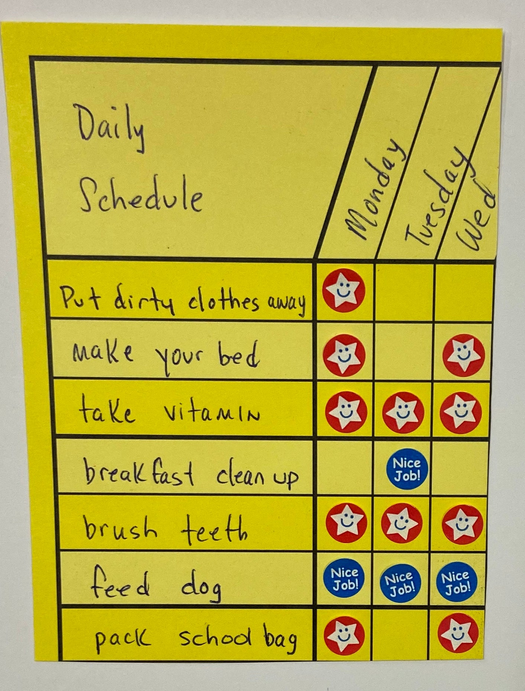 Yellow daily schedule chart with checklist squares and smiley face icons