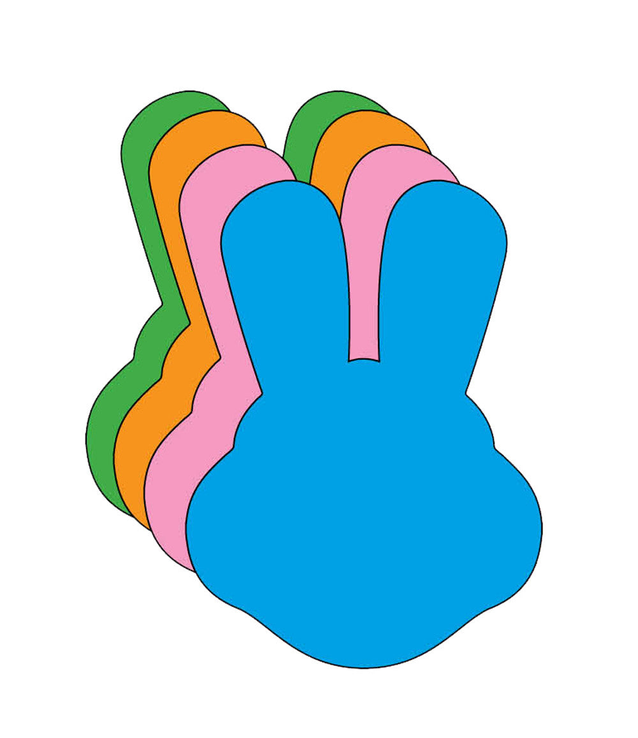 Assorted bunny ear cut-outs in blue with green, pink, and orange layers