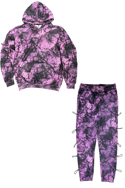 Purple tie-dye hoodie and jogger set with drawstring and lace-up cuffs