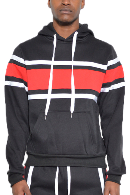 Black cotton hoodie with red and white horizontal stripes, white drawstring, kangaroo pocket