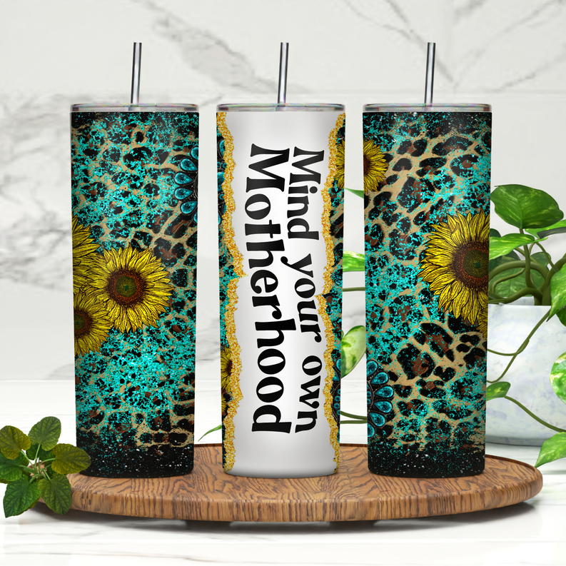 20oz skinny tumbler with teal sparkle, leopard and sunflower design, white text panel