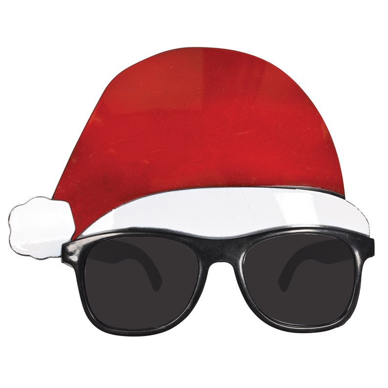 Novelty costume glasses with red Santa hat, white brim, dark lenses