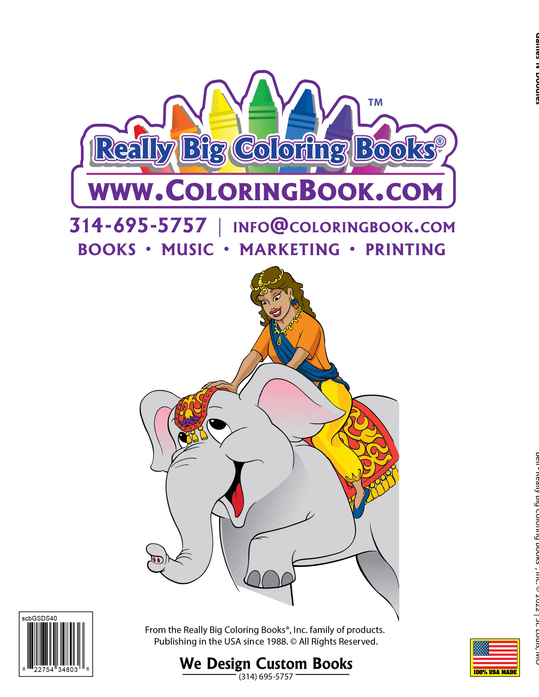 Coloring book cover with elephant, child holding crayons, and “Really Big Coloring Books” logo