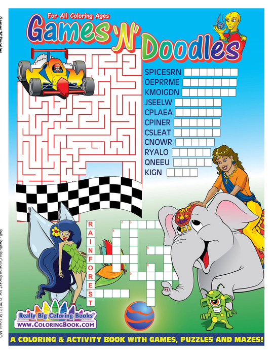 Activity coloring book cover with maze game, elephant, and character illustrations