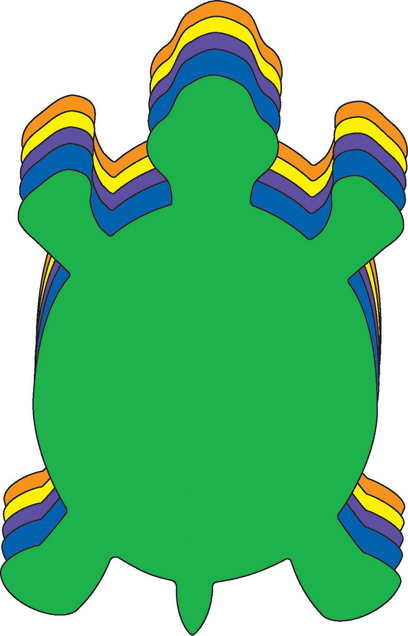 Green turtle craft cut-out with layered rainbow shell border and wavy side bands