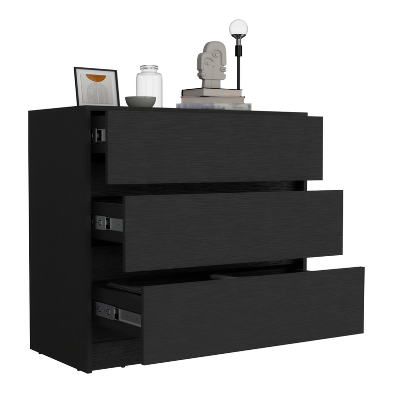 Black three-drawer dresser with drawers open, showing interior shelves and rails.