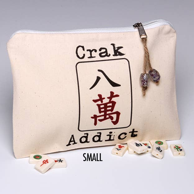 Crak Addict mah jongg pouch (Small), cream canvas zip pouch with Crak Addict logo and tiles