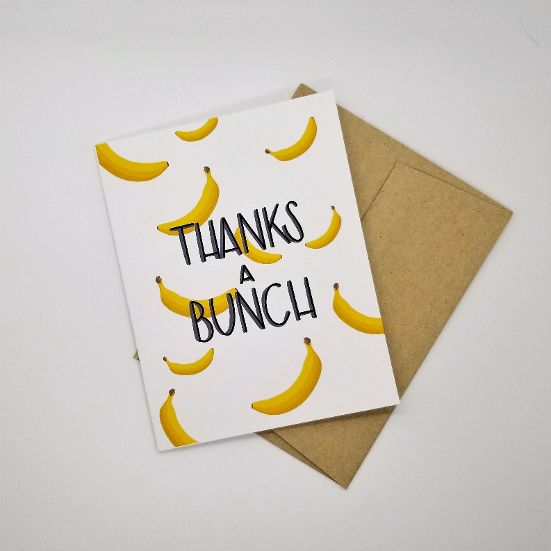 Greeting card with banana print and Thanks a Bunch message, plus kraft envelope