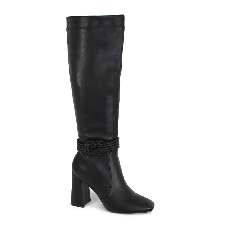 Black tall heeled boot with knotted shaft detail