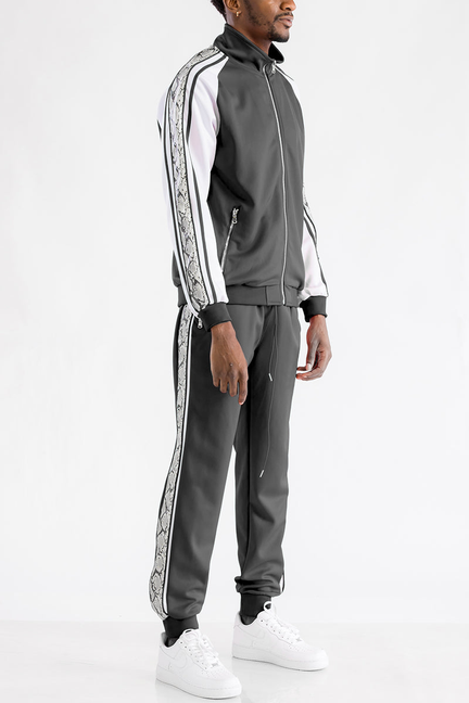 Men's black tracksuit set with white snake-pattern side stripes