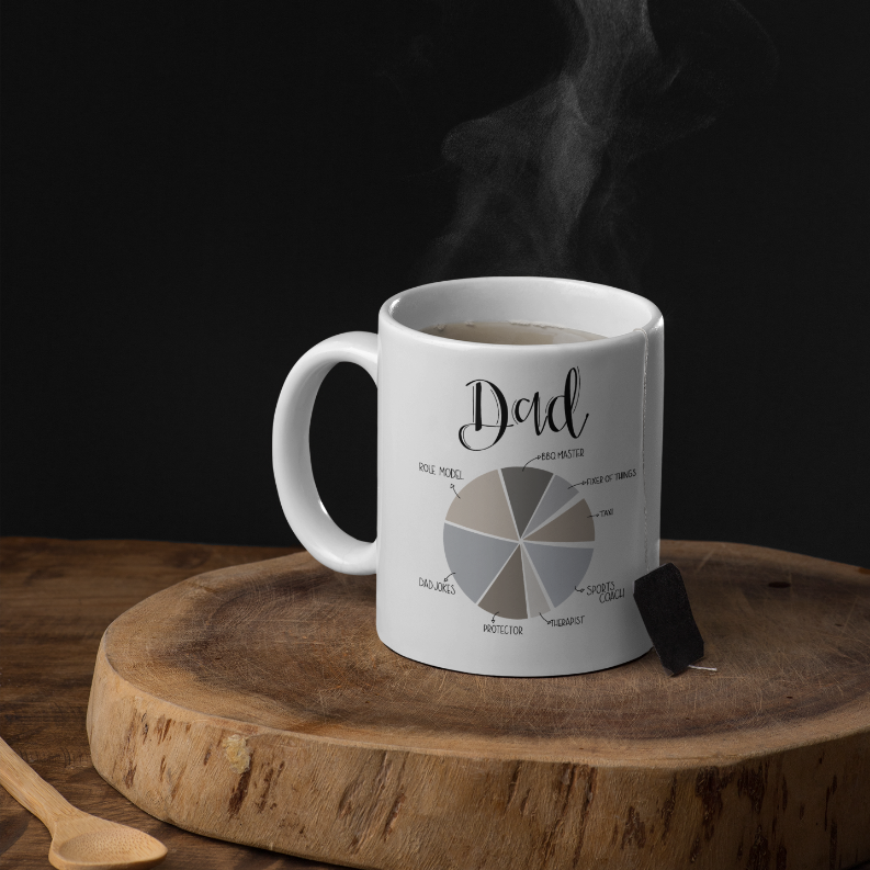 White 'Dad' coffee mug with wheel-chart print, steaming on a wooden base