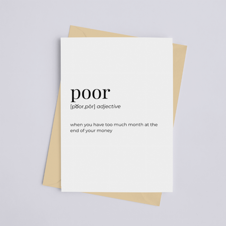 White greeting card with large “poor” text and short definition on the front