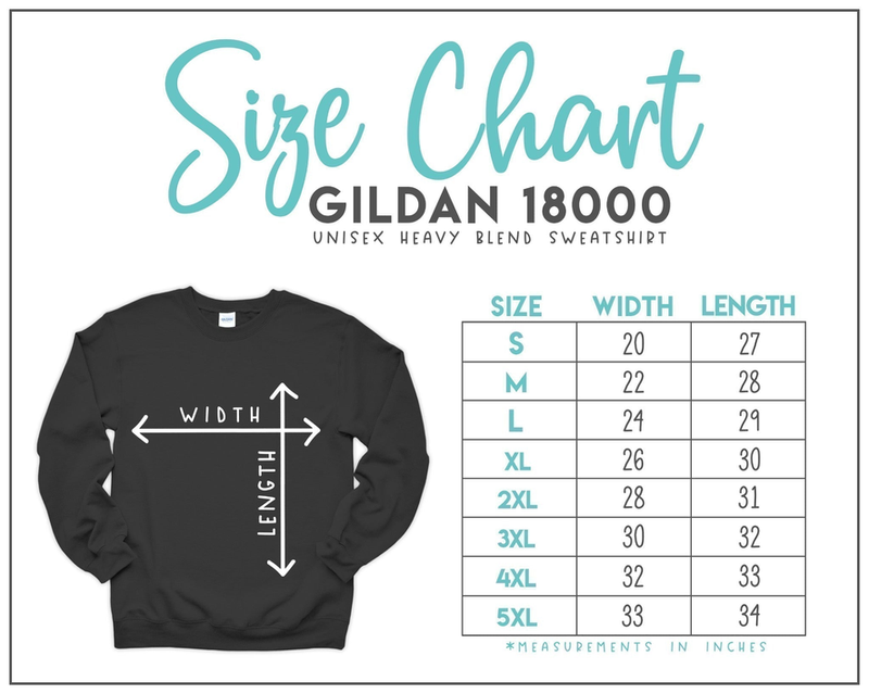 Sweatshirt size chart with width and length measurements in inches for sizes S-5XL