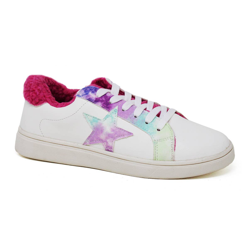 Women’s white star-detailed sneaker with faux fur collar and purple/mint accents