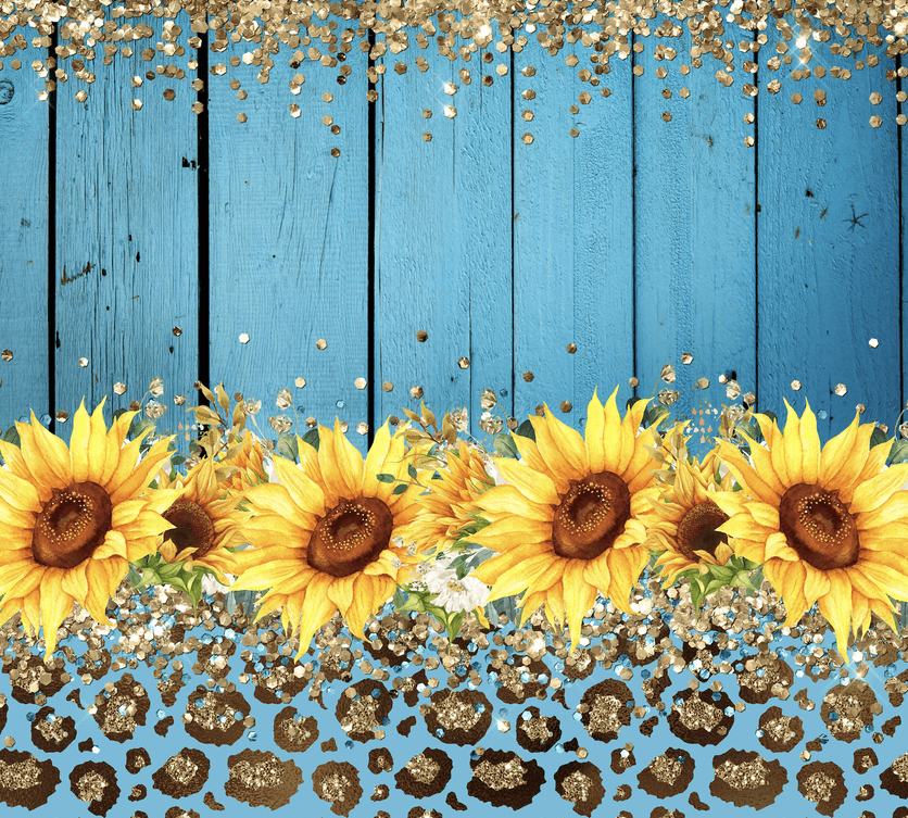 Stainless steel tumbler wrap with yellow sunflowers and gold glitter accents.