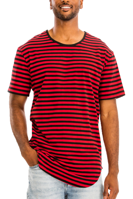 Red and black striped crewneck short-sleeve tee