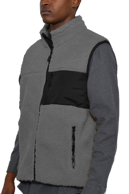 Grey sherpa full-zip vest with black front panel and stand collar