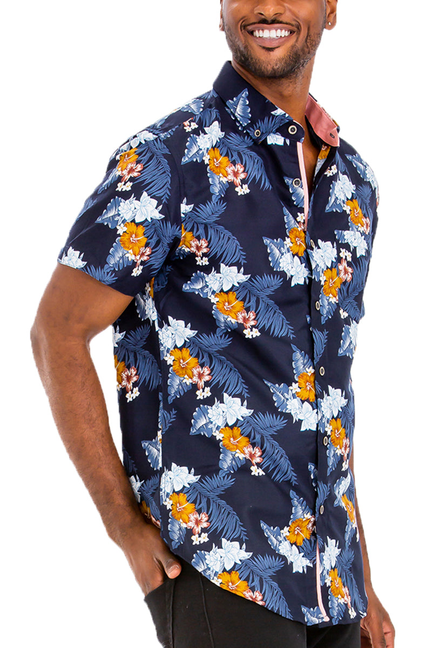 Men's short-sleeve Hawaiian button-up shirt with navy tropical floral print
