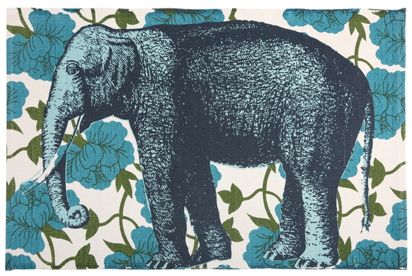 Rectangular bath mat with teal elephant and floral pattern design