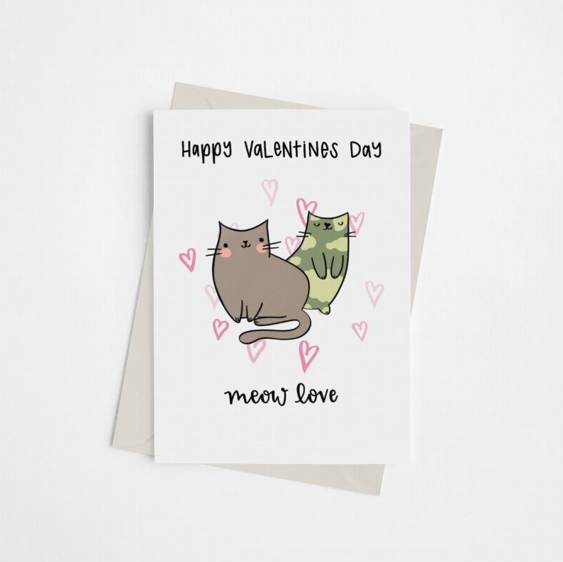 Valentine's greeting card with two cats, pink hearts, and 'Happy Valentines Day' 'meow love'.