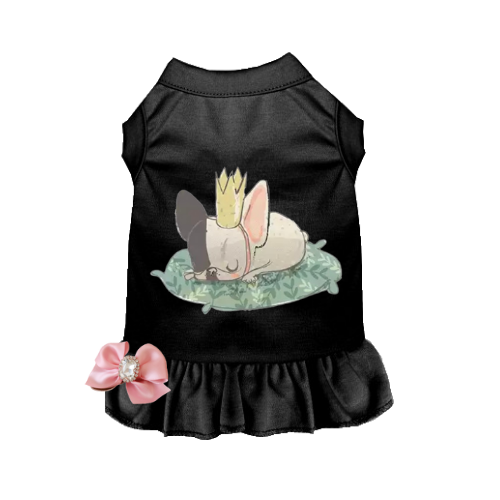 Black sleeveless dog dress with sleeping bulldog graphic and ruffled hem