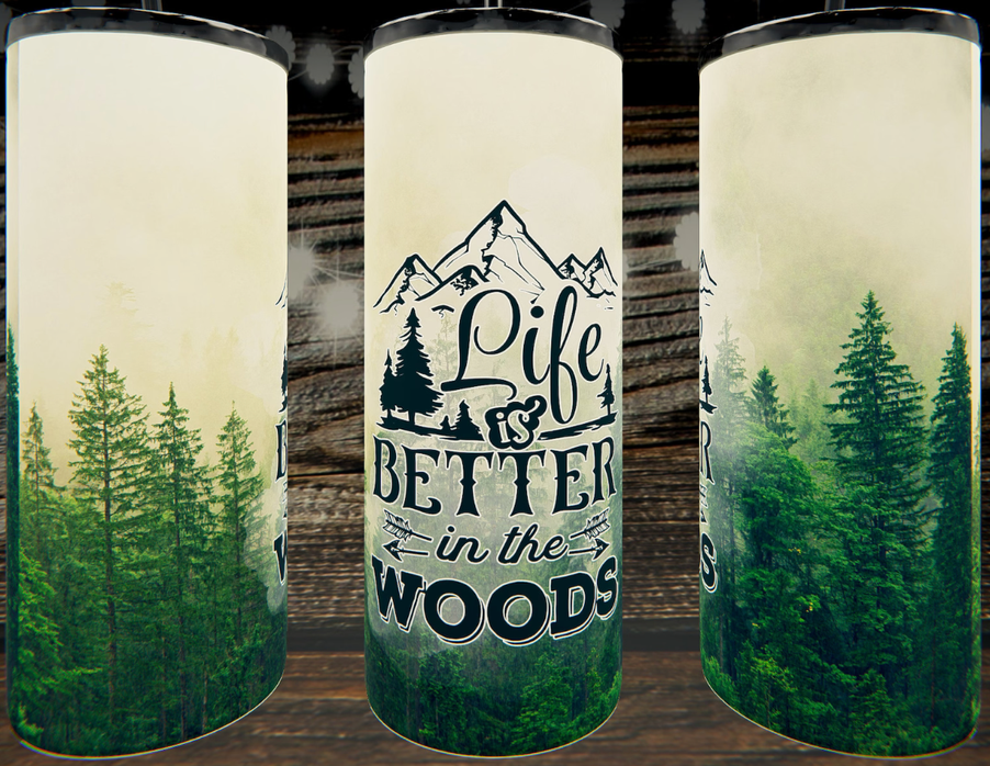 Stainless steel tumbler with forest trees graphic and “Pike is Better in the Woods”