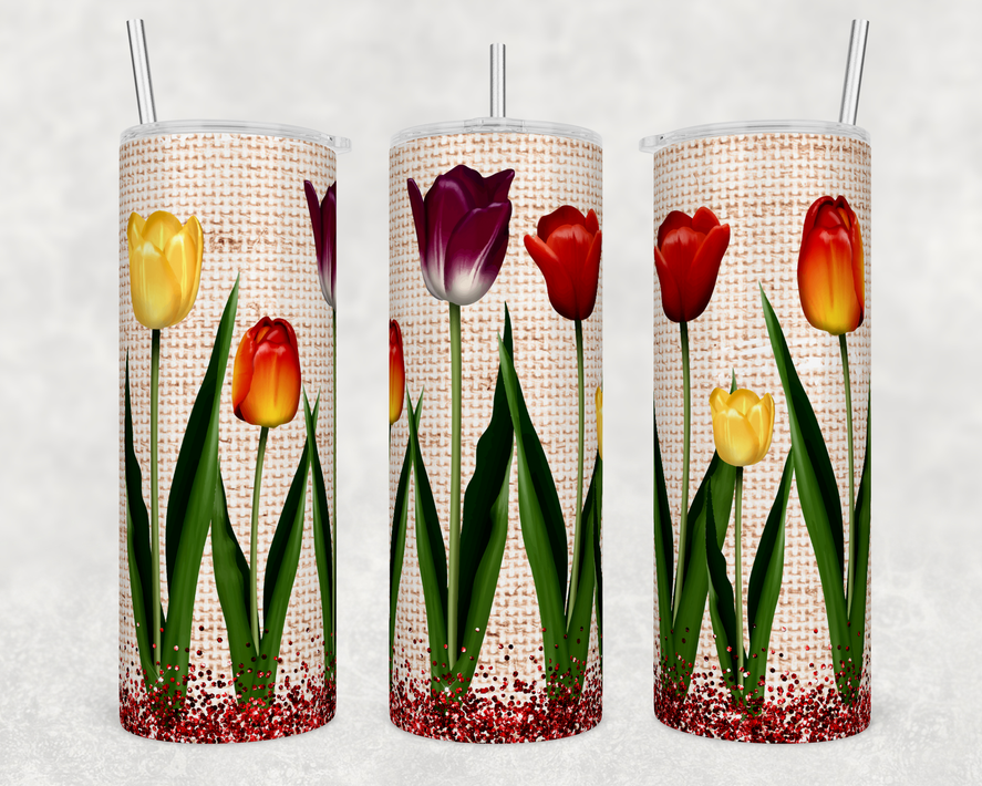 Stainless steel tumbler with floral tulip wrap print, clear lid, and two straws