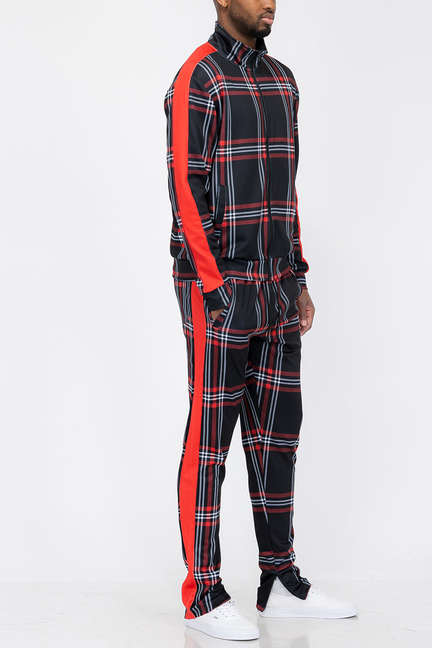 Plaid track set with black and red zip jacket and matching jogger pants