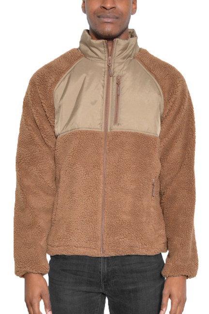 Camel sherpa fleece zip-up jacket with contrast tan yoke and full zipper front