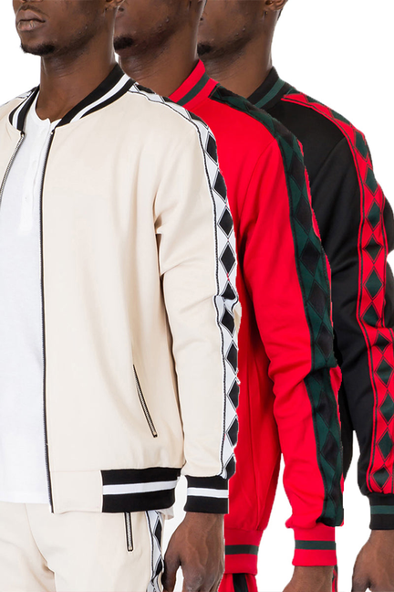 Color-block track jacket set: cream, red, and black diamond tape design, zip front, striped rib trim
