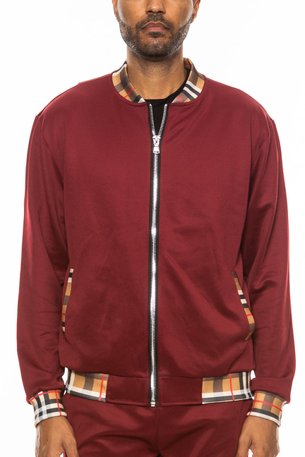 Burgundy checkered detail track jacket with full-zip front and striped ribbed cuffs