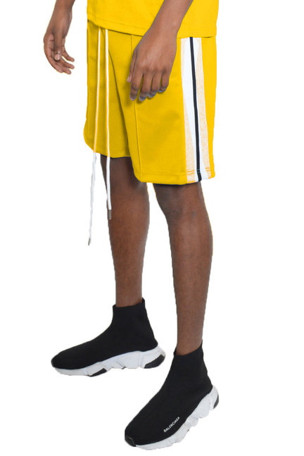 Yellow front pleat shorts with drawstring and side white stripe panels