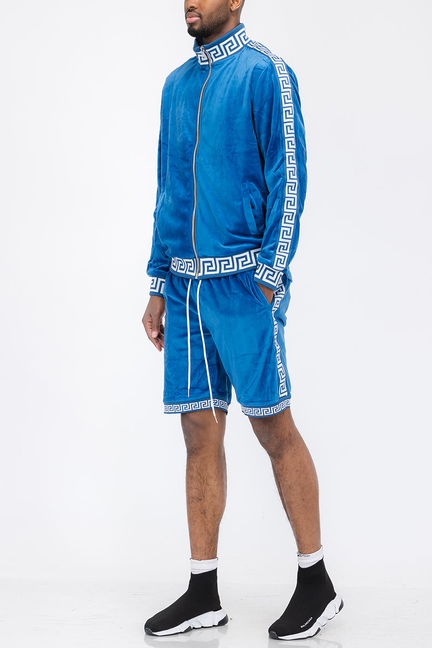 Blue velour short set with Greek key trim, zip jacket and matching pull-on shorts