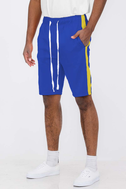 Blue drawstring stripe shorts with vertical white stripes