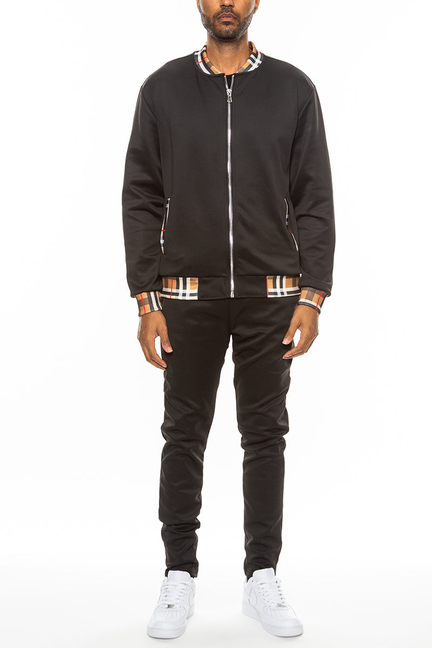 Black track jacket set with checkered trim at collar, cuffs, and front placket